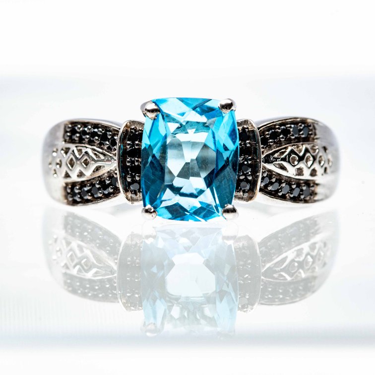 Blue Topaz & Bl. Spinel Sterling Ring- Size 8