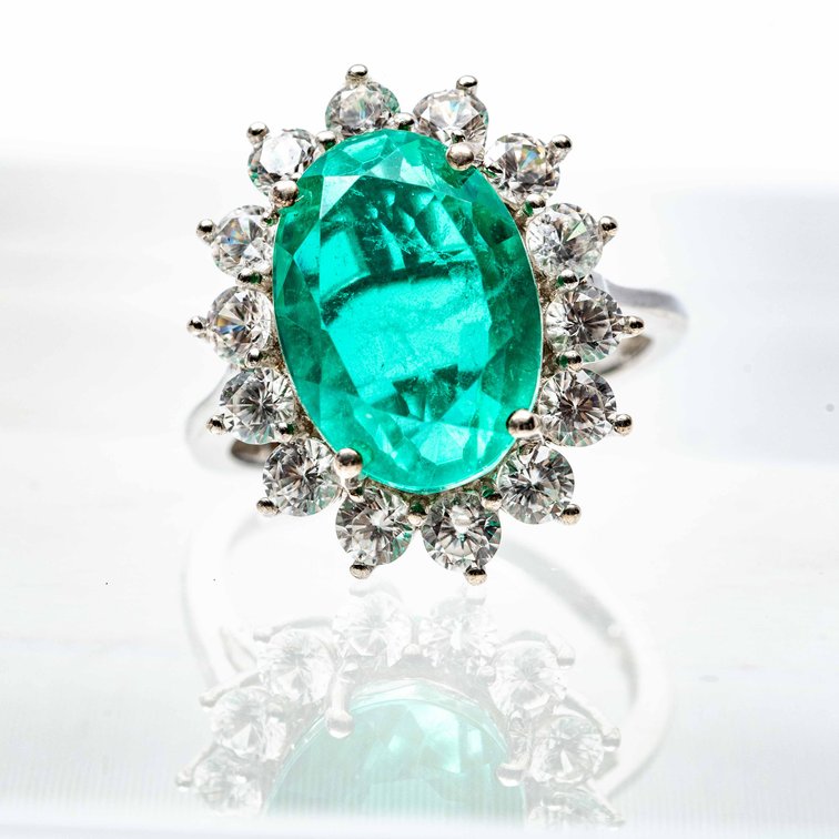 Green Quartz & Zircon Sterling Ring- Size 7