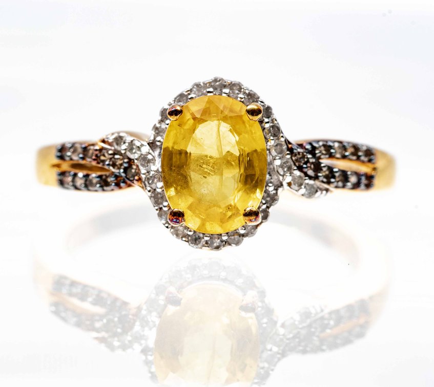 Yellow Sapphire, Diamonds Sterling Ring- Size 7