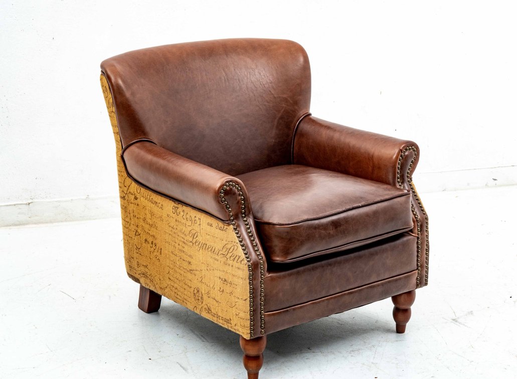 French Printed Burlap & Bonded Leather Club Chair