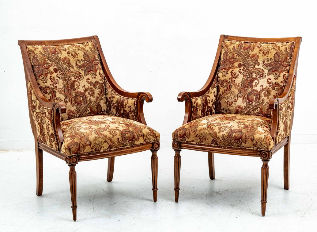 2 Brocade Armchairs w/ Acanthus Leaf Upholstery
