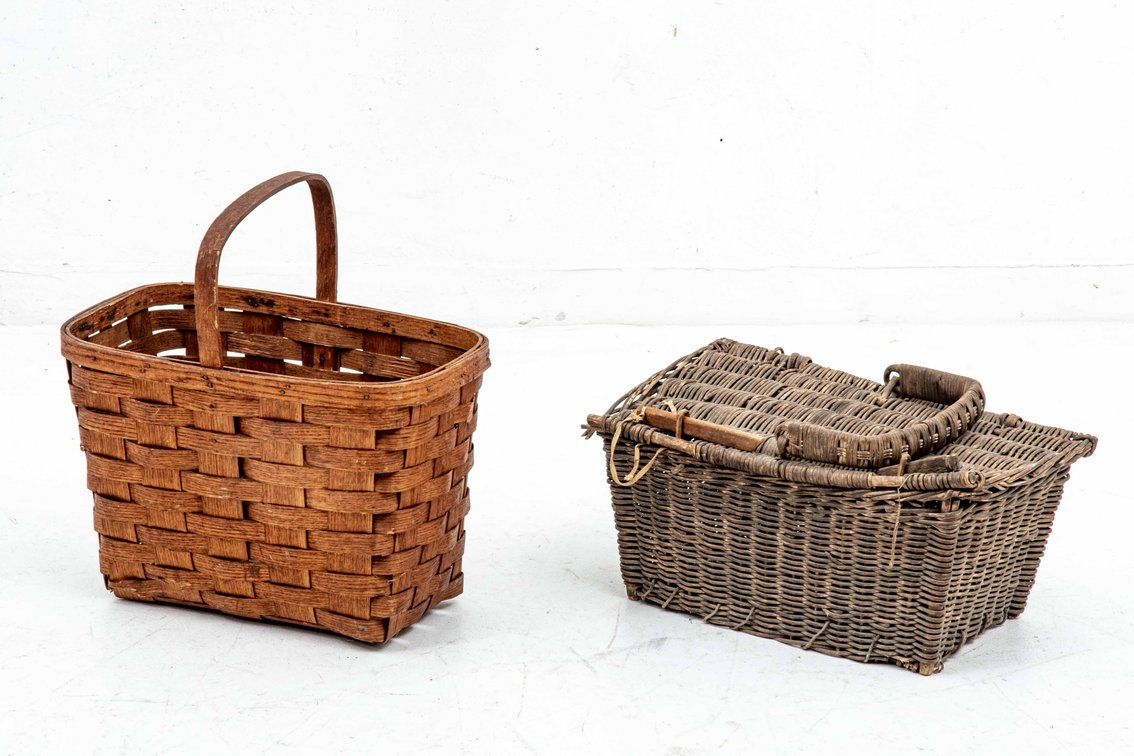 Woven Hand Basket & Primitive Picnic Basket