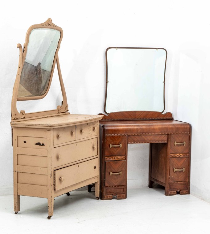 Art Deco Waterfall Vanity & Oak Dresser w/ Mirror