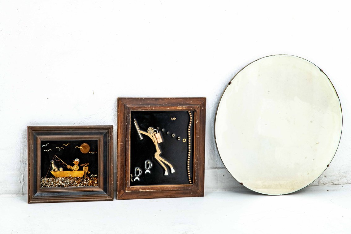 Round Beveled Mirror & Scrap Metal Art