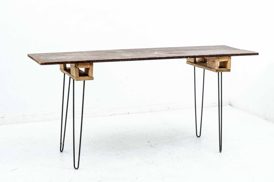 Rustic  Reclaimed Wood Handcrafted Hall/Work Table with Hairpin Legs