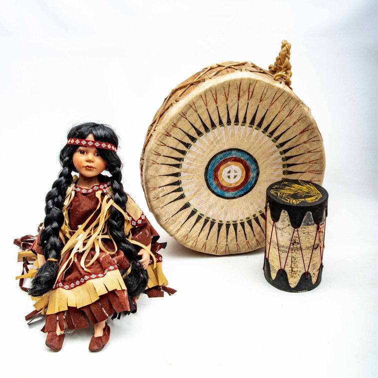 Native Rawhide Drum, Doll, & Catskill Drum