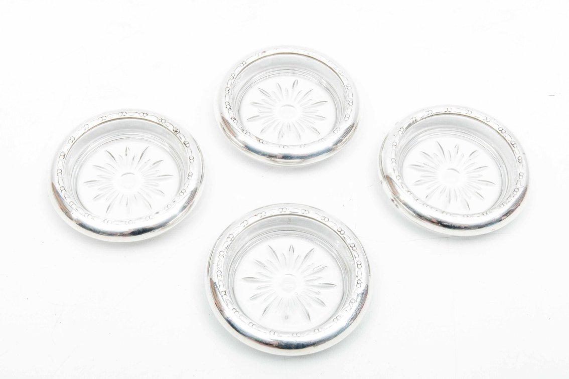 4- Silver & Glass Coasters by Crown Sterling