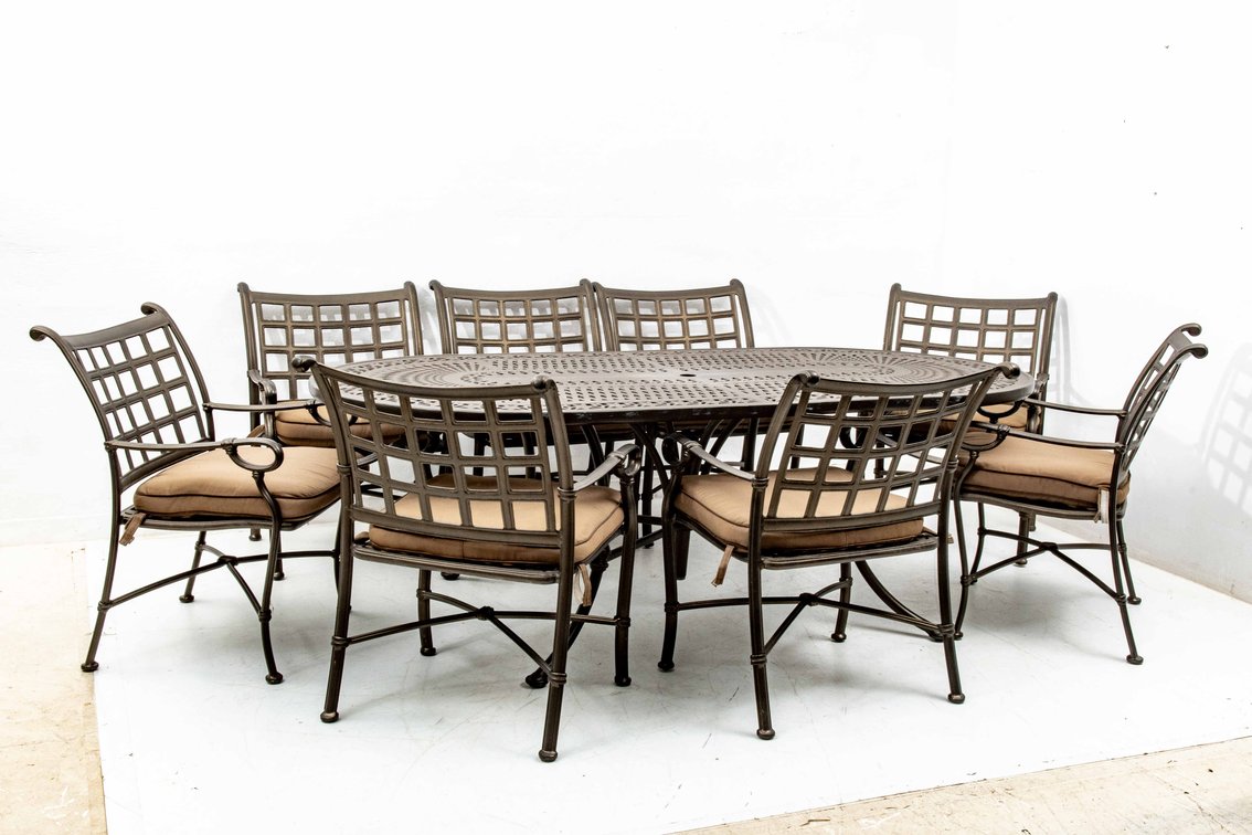 Large Metal Table w/ 8 Metal Chairs w/ Cushions
