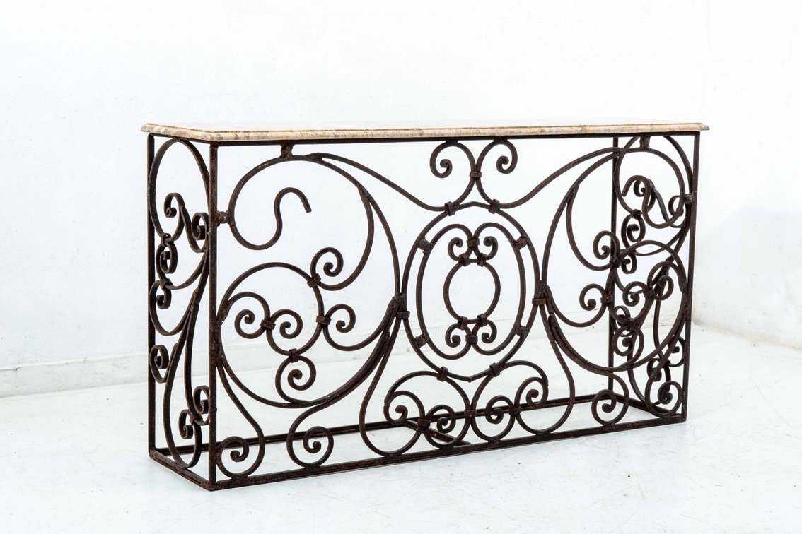 Scroll Wrought Iron Console Table with Marble Top