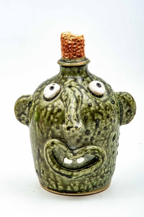 Sid Luck Face Jug Green Streak Glaze