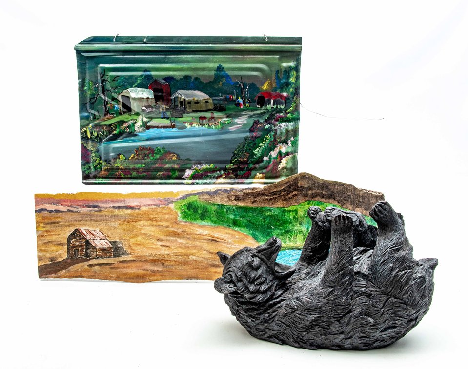 Folk Art: Painted Ceiling Tin Pc & Wood + Bear Wine
