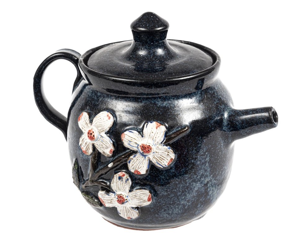 Mildred Meaders Dogwood Decorated Cobalt Teapot