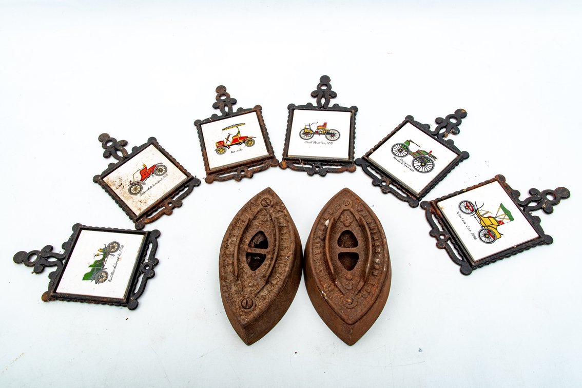 Cast Iron Antique Car Trivets & 2 Sad Irons