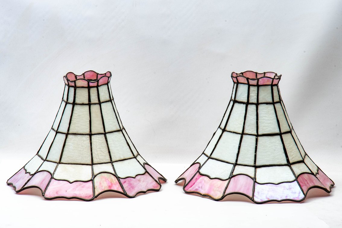 2x Pink & White Stained Glass Lamp Shades
