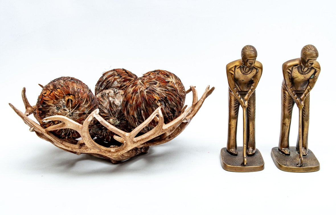 Brass Golfer Statues & Decorative Antler Bowl