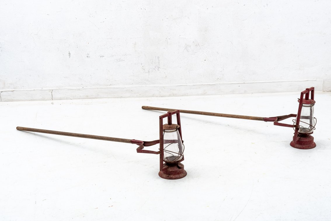 Unusual Vintage Red Dietz Lanterns w/Long Swivel Handles