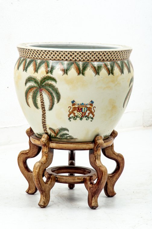 Vintage Chinese Fish Bowl Planter w/ Palm Trees