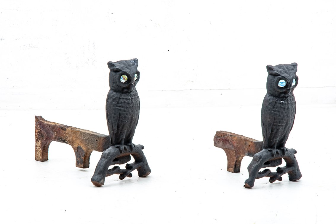 Pair of Owl Andirons W/ Marble Eyes