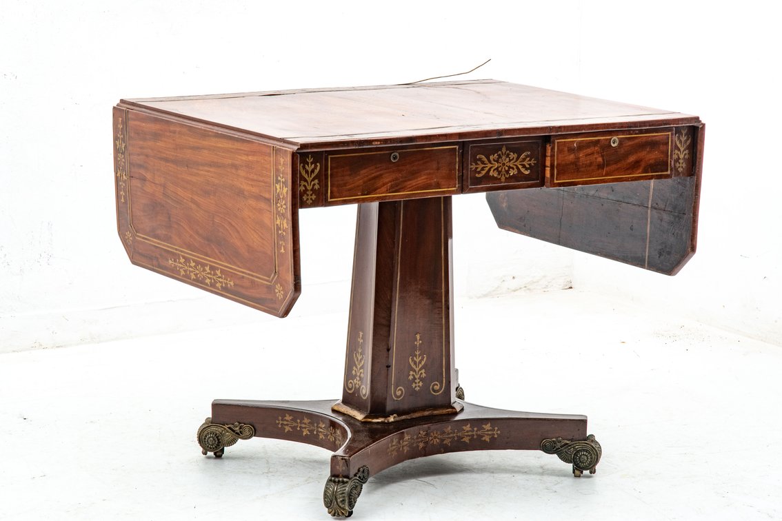 Brass Inlayed Pedestal Table