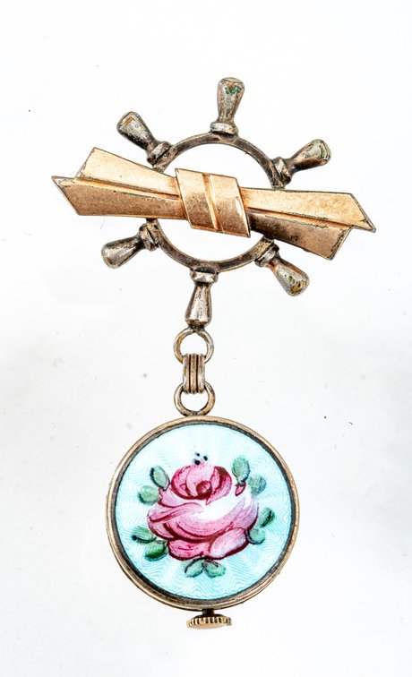 Vintage Banner Swiss Watch Pin w/Ships Wheel