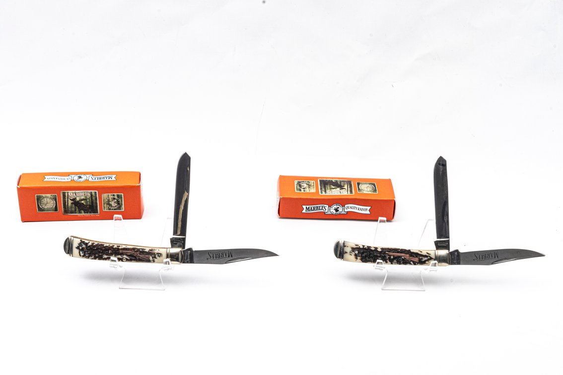 2 Marbles Faux Stag Horn Trapper Pocket Knives NIB