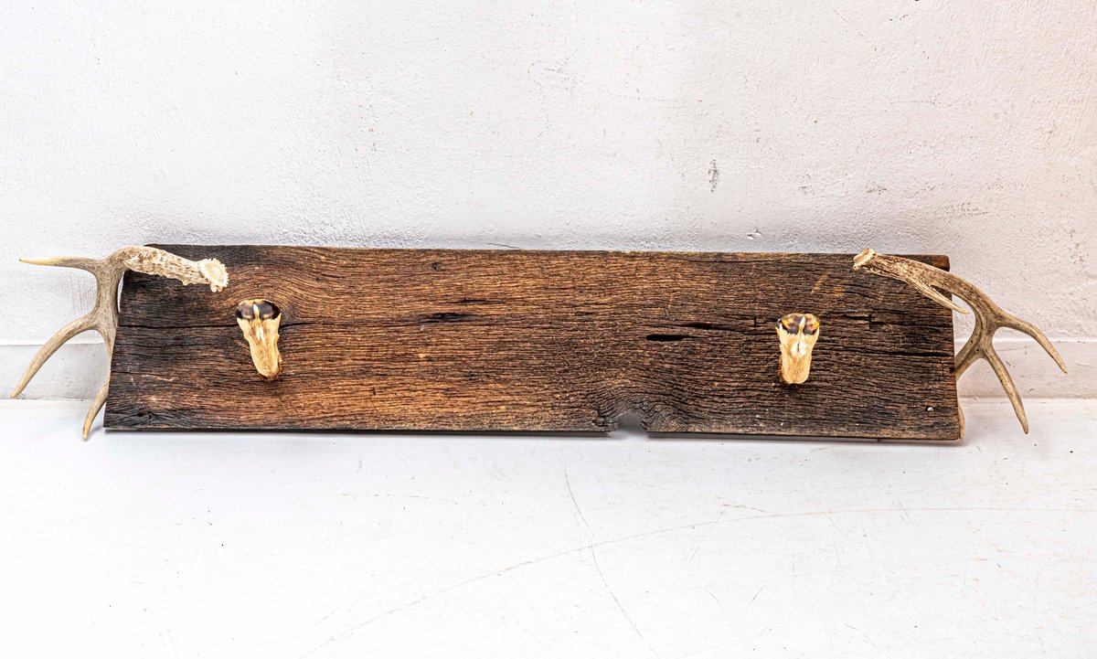 Wood Slab, Deer Hoof & Antler Gun Rack