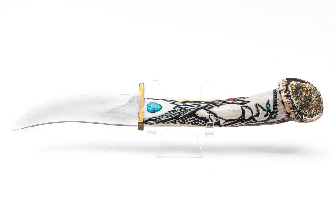 Ted Miller Custom Knife- Hand Carved Antler Handle