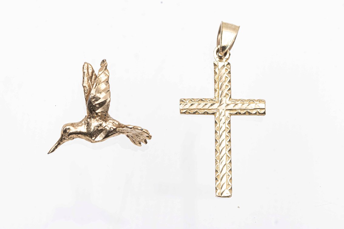 14K Gold Cross & 10K Gold Hummingbord Pendants