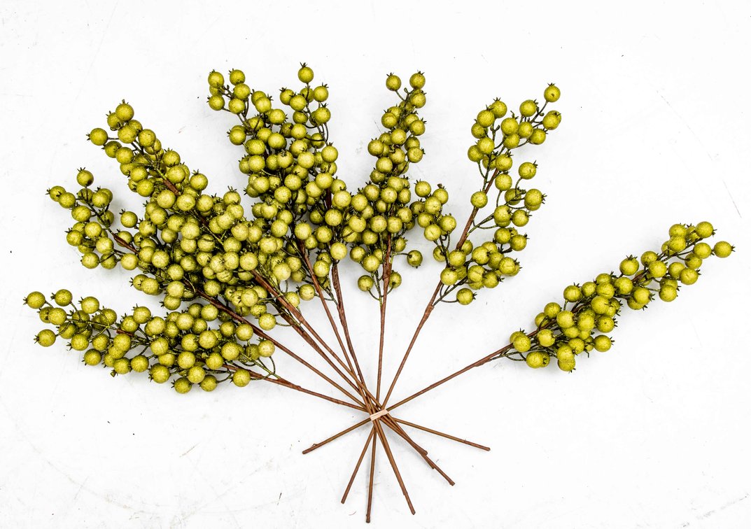 9pc. Green Glitter Rosehip Stem