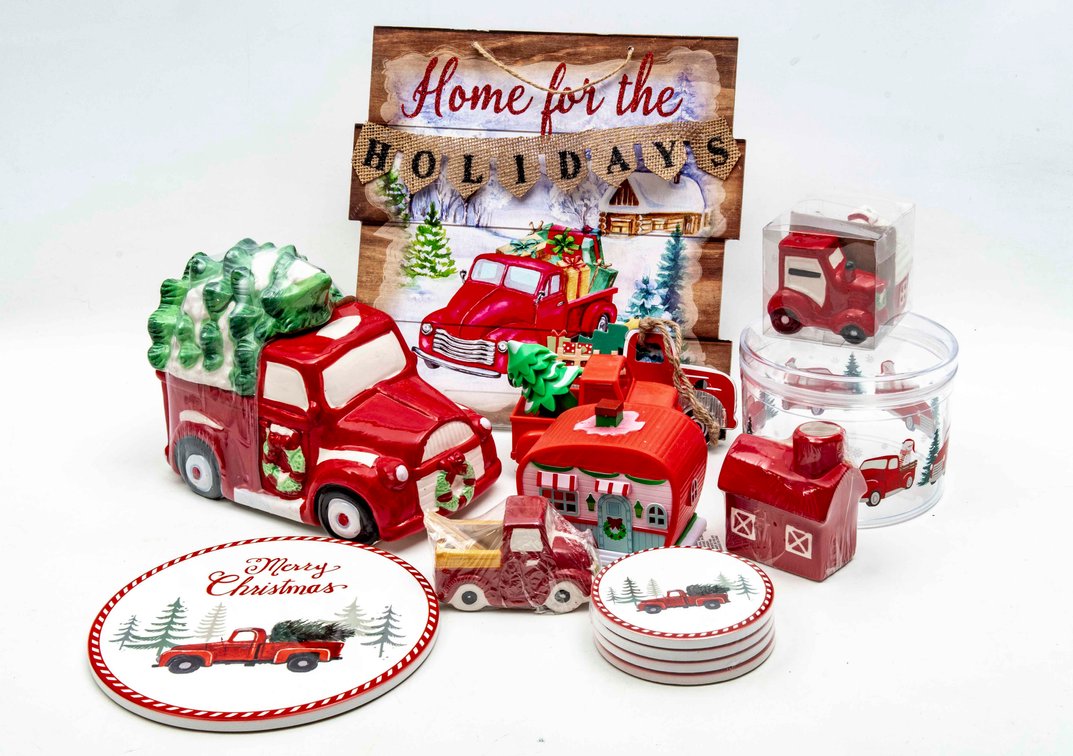 Little Red Truck Hauling Christmas Tree Decor