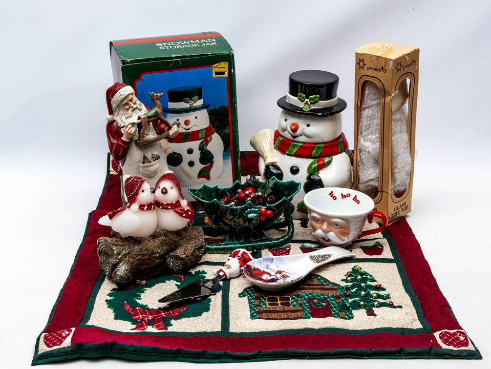 Snowman Cookie Jar, Glass Tree Topper, & More