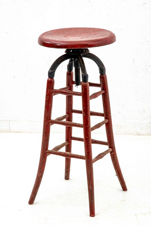Red Industrial Wood & Cast Iron Drafting Stool