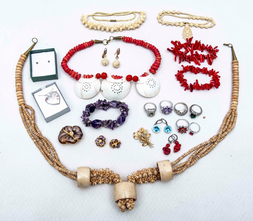 Jewelry: Sterling, Red Coral, Bone & More