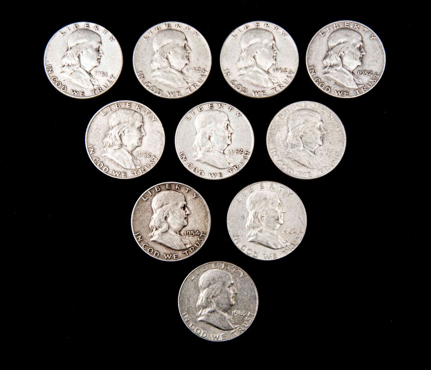 10 X Franklin Silver Half Dollars (90%)