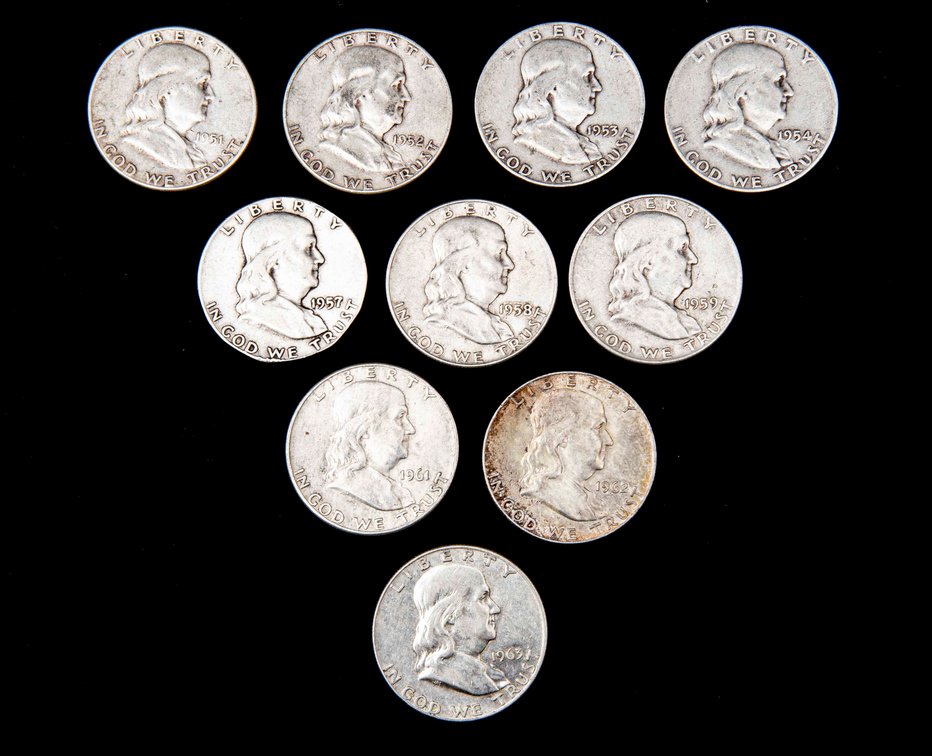 10 X Franklin Silver Half Dollars (90%)