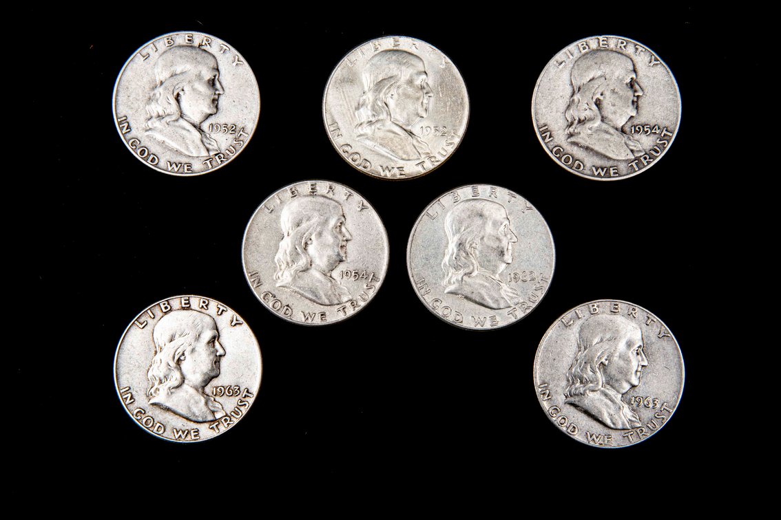 7 X Franklin Silver Half Dollars (90%)