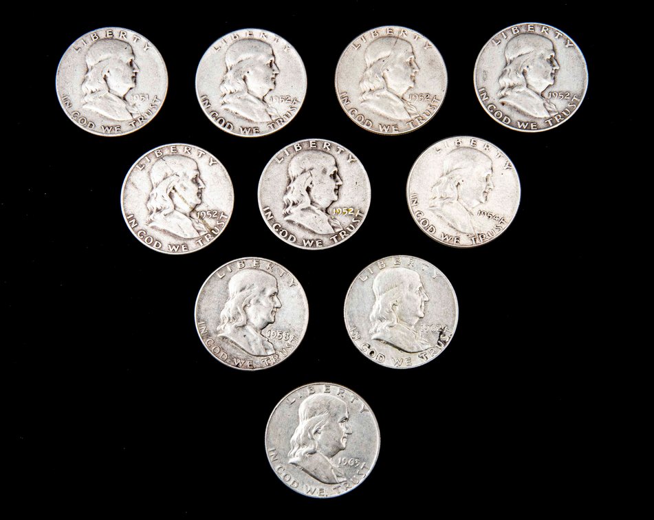 10 X Franklin Silver Half Dollars (90%)