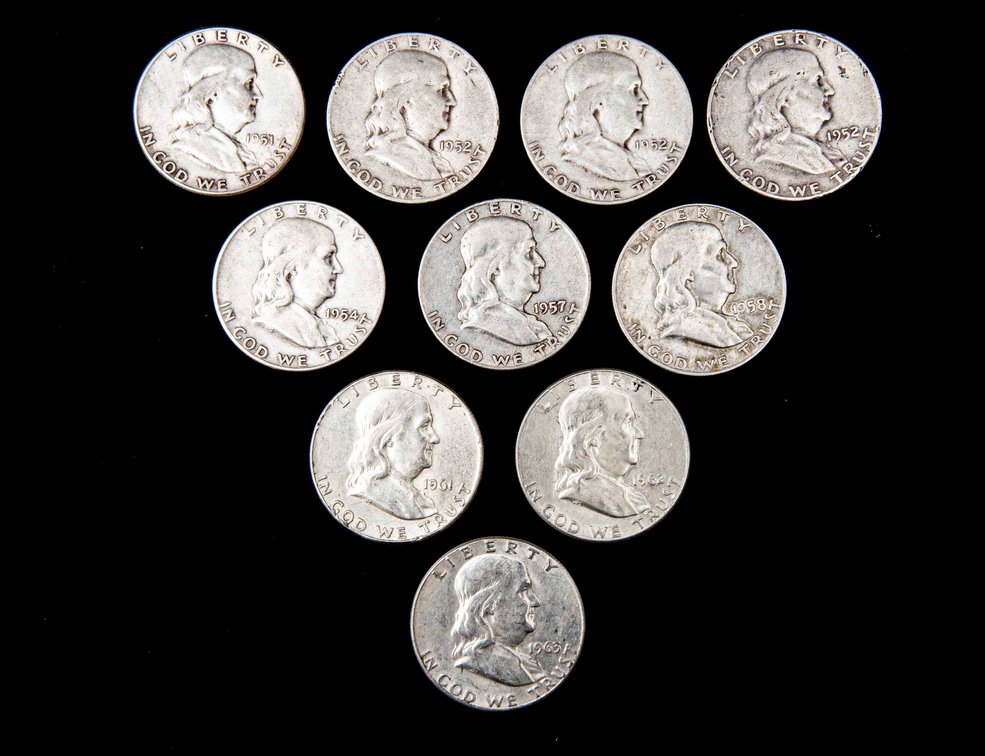 10 X Franklin Silver Half Dollars (90%)