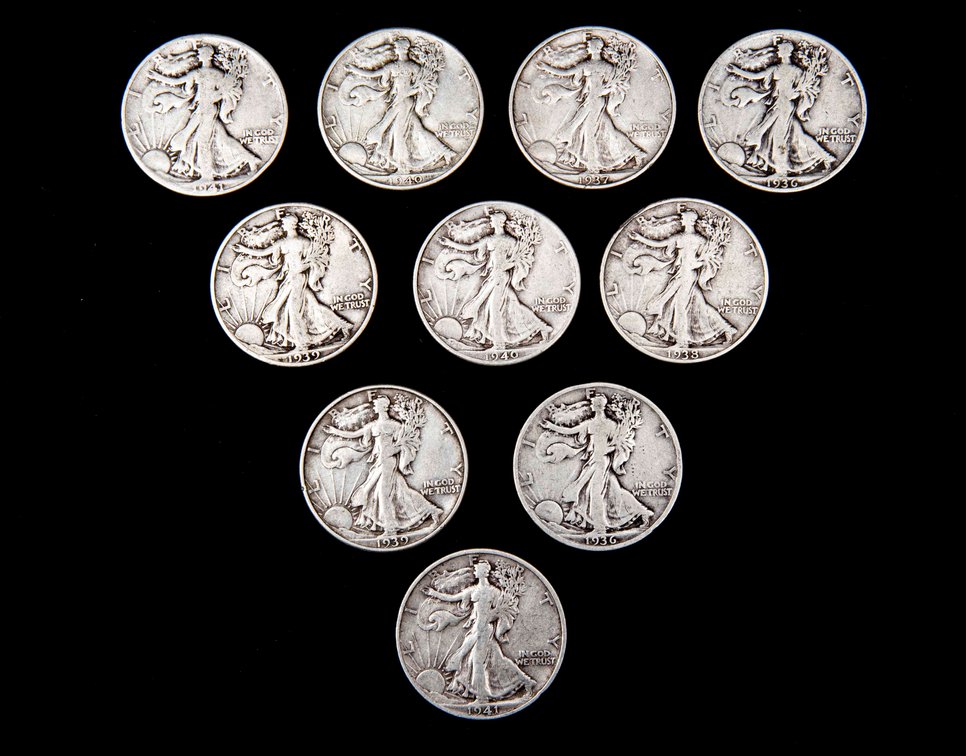 10 X Walking Liberty Silver Half Dollars (90%)