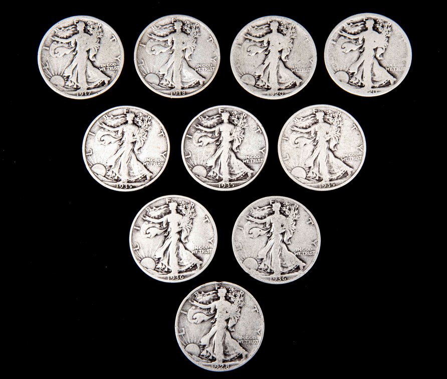 10 X Walking Liberty Silver Half Dollars (90%)