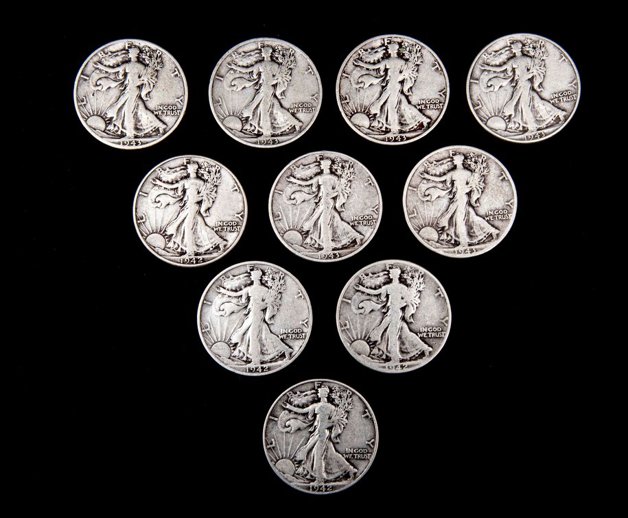 10 X Walking Liberty Silver Half Dollars (90%)