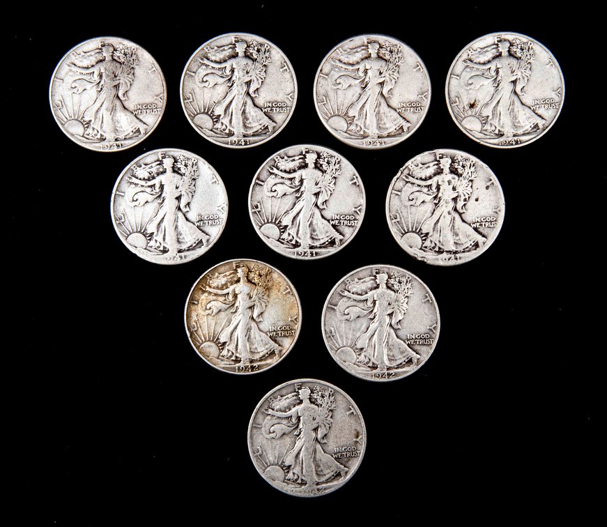 10 X Walking Liberty Silver Half Dollars (90%)