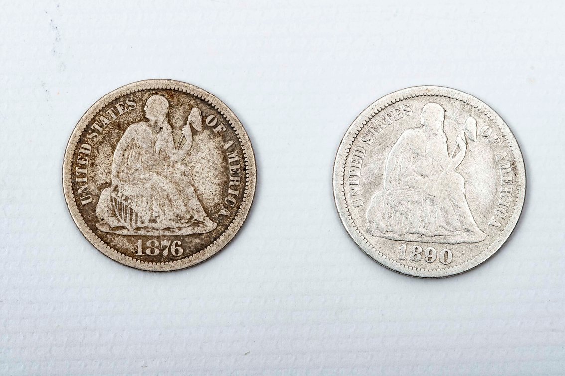 1876, 90 Seated Liberty Silver 10c coins