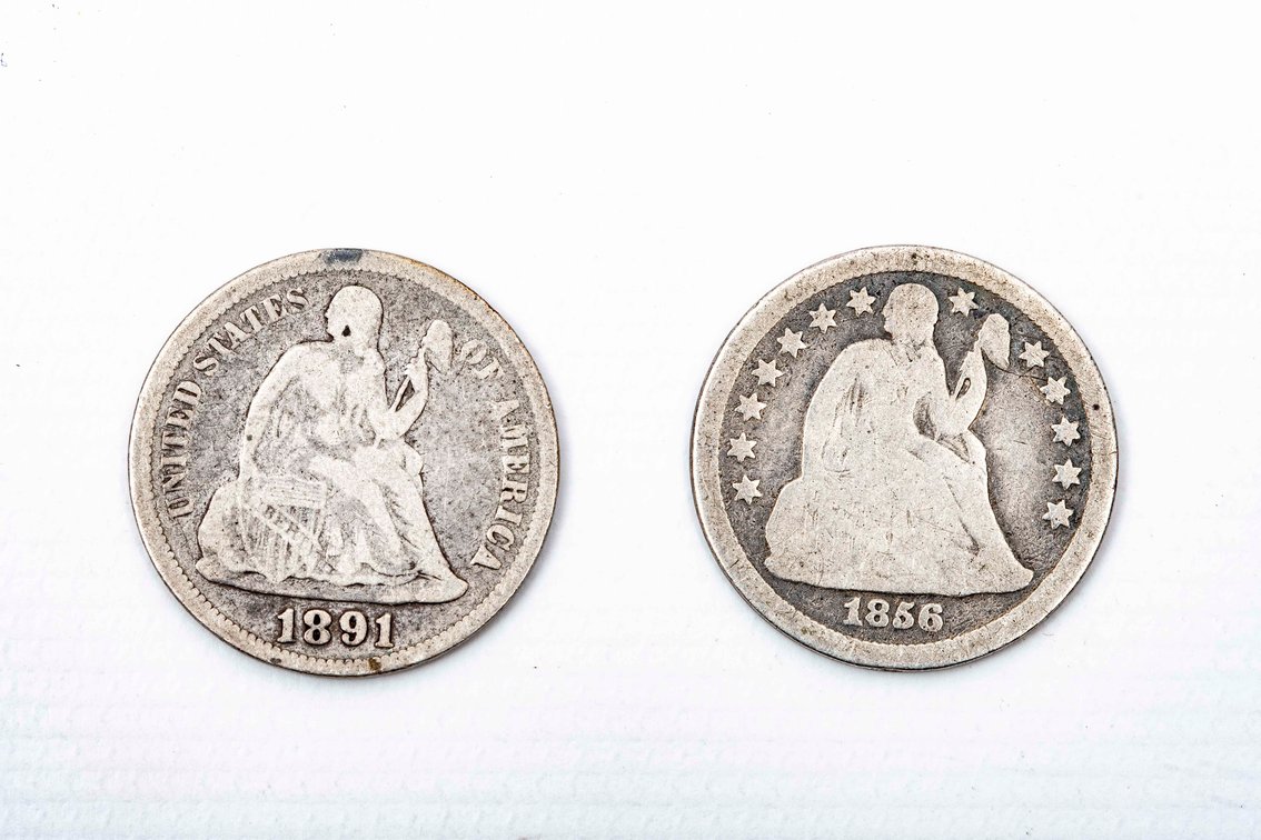 1856, 91 Seated Liberty Silver 10c coins