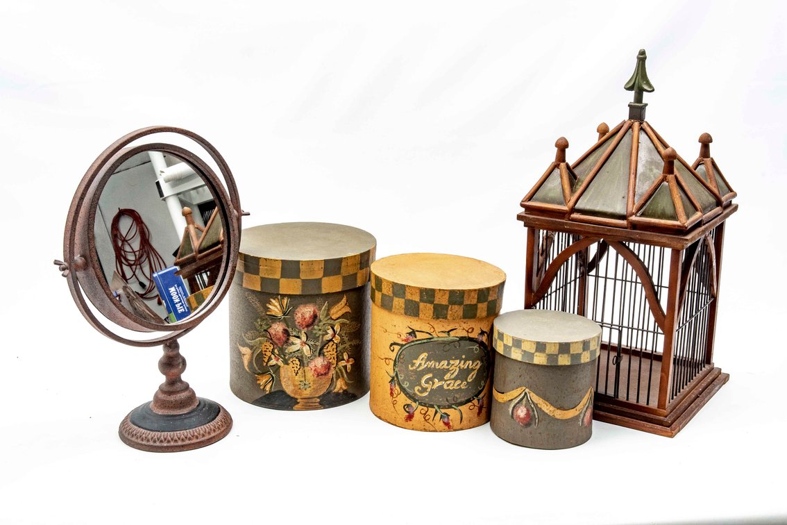 Bird Cage, Vanity Mirror & Hat Boxes