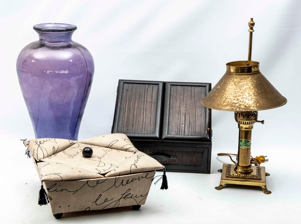 Home Decor- Brass Lamp, Purple Vase & More