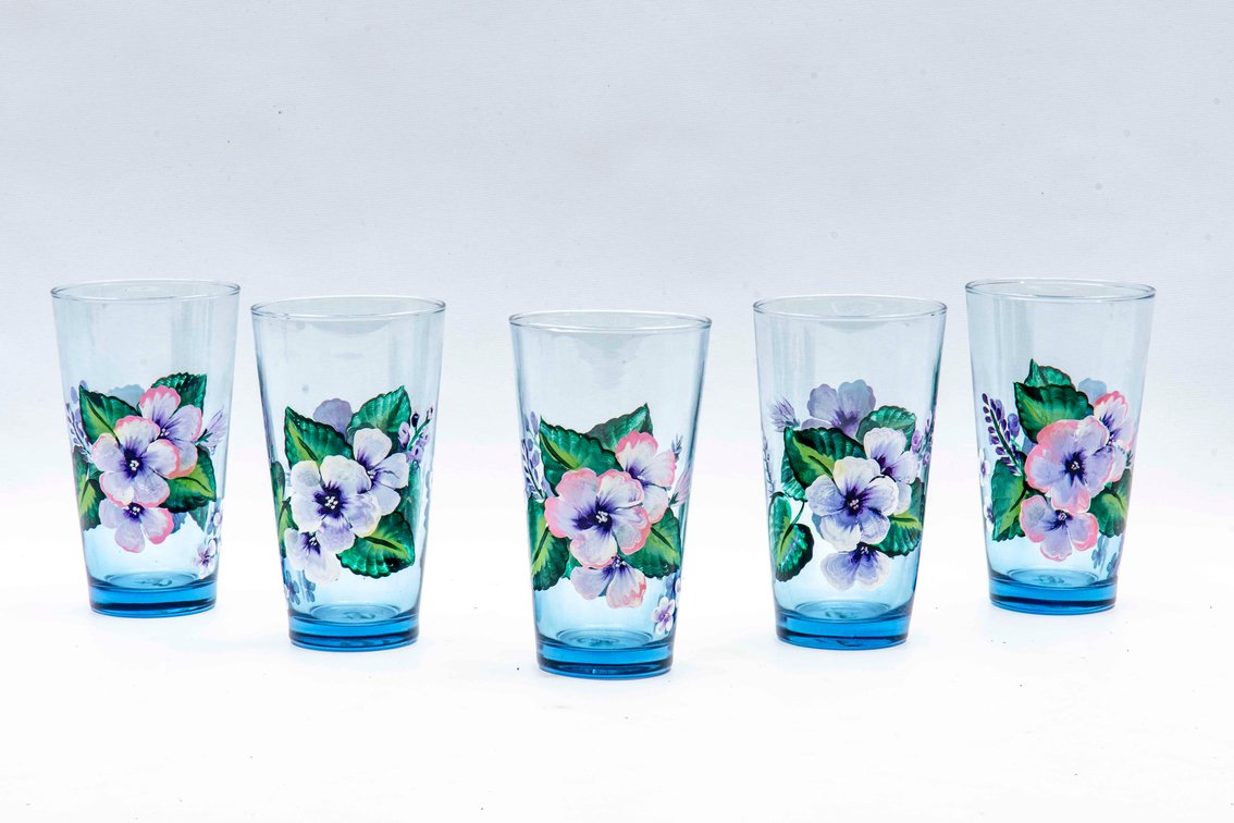 Five Hand Painted Glass Tumblers
