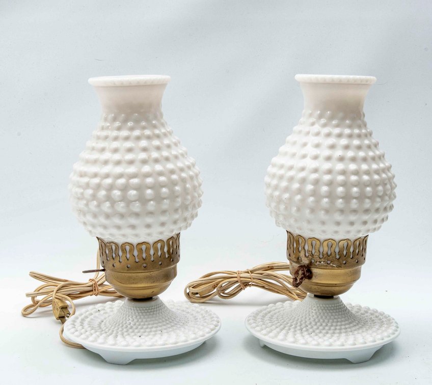 Pair of Hobnail Milk Glass Lamps