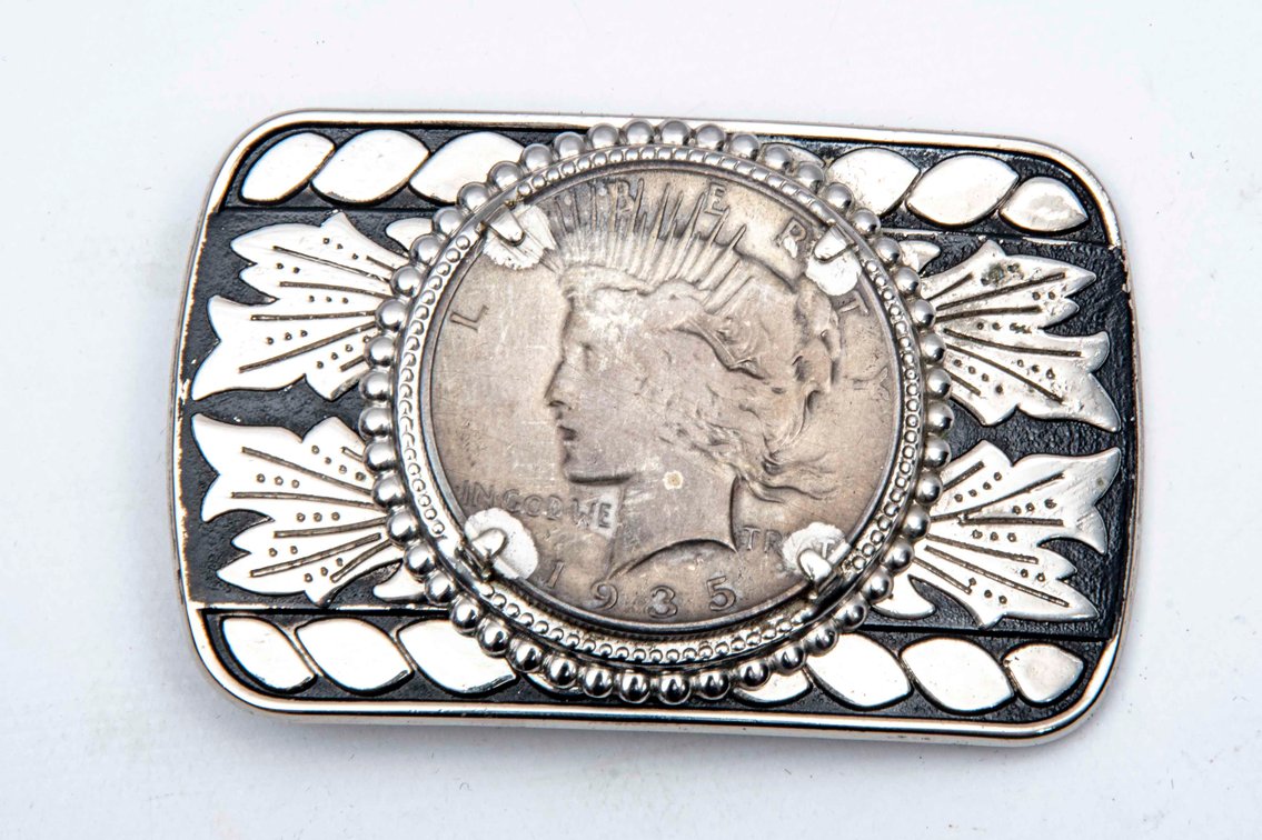 Mounted 1935 Peace Dollar Coin Belt Buckle