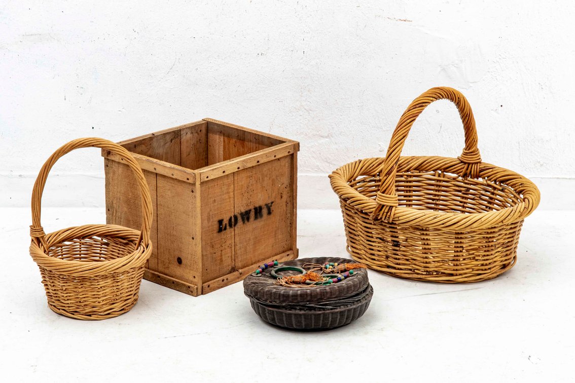 Baskets, Embroidery, & Wooden Crate
